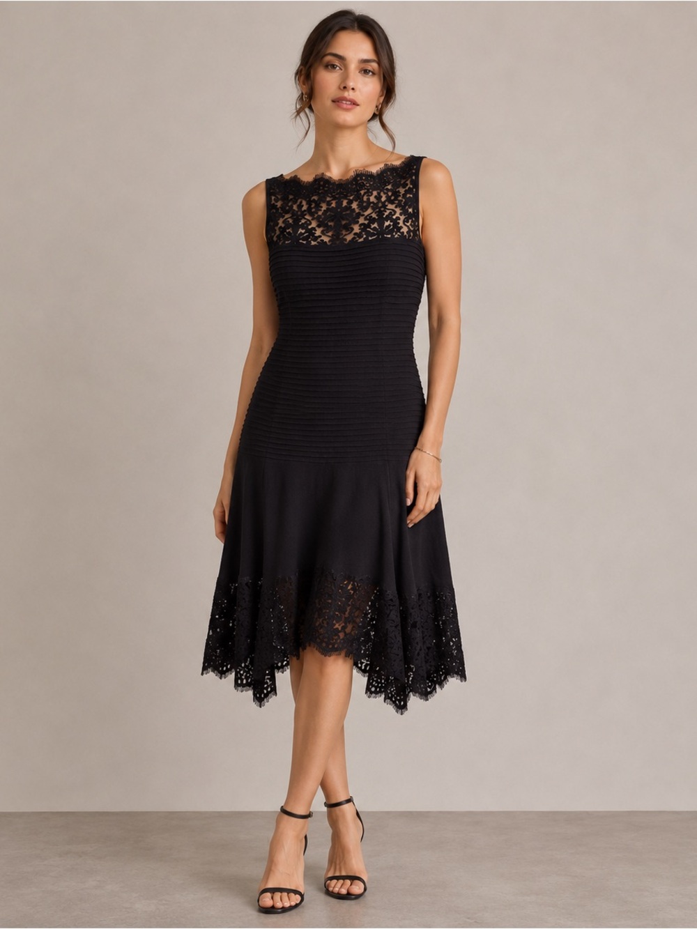 Tadashi Shoji Illusion Dress Lace Pintuck Black Party Cocktail Size M Quiet Lux